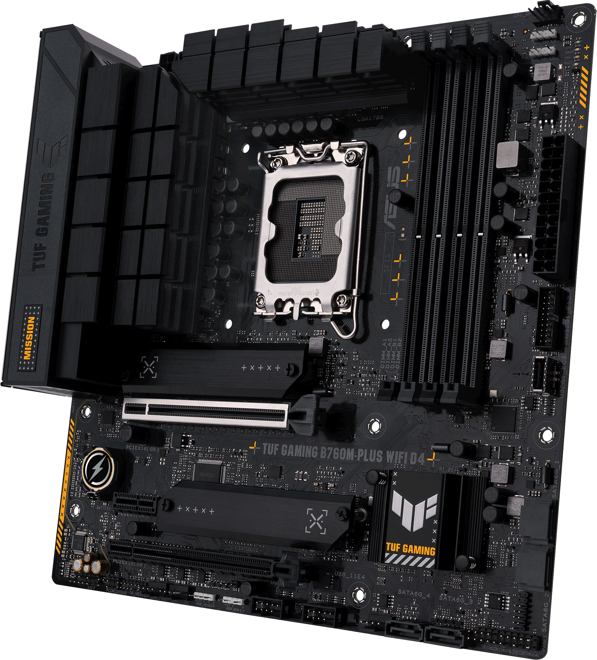 Schwarzes Motherboard mit verschiedenen Komponenten, darunter CPU-Sockel, RAM-Steckplätze und Kühlelemente. Gelbe Akzente sichtbar.