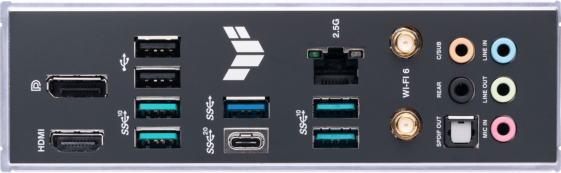 Rückseite eines Motherboards mit Anschlüssen für USB, HDMI, Audio und Netzwerk.