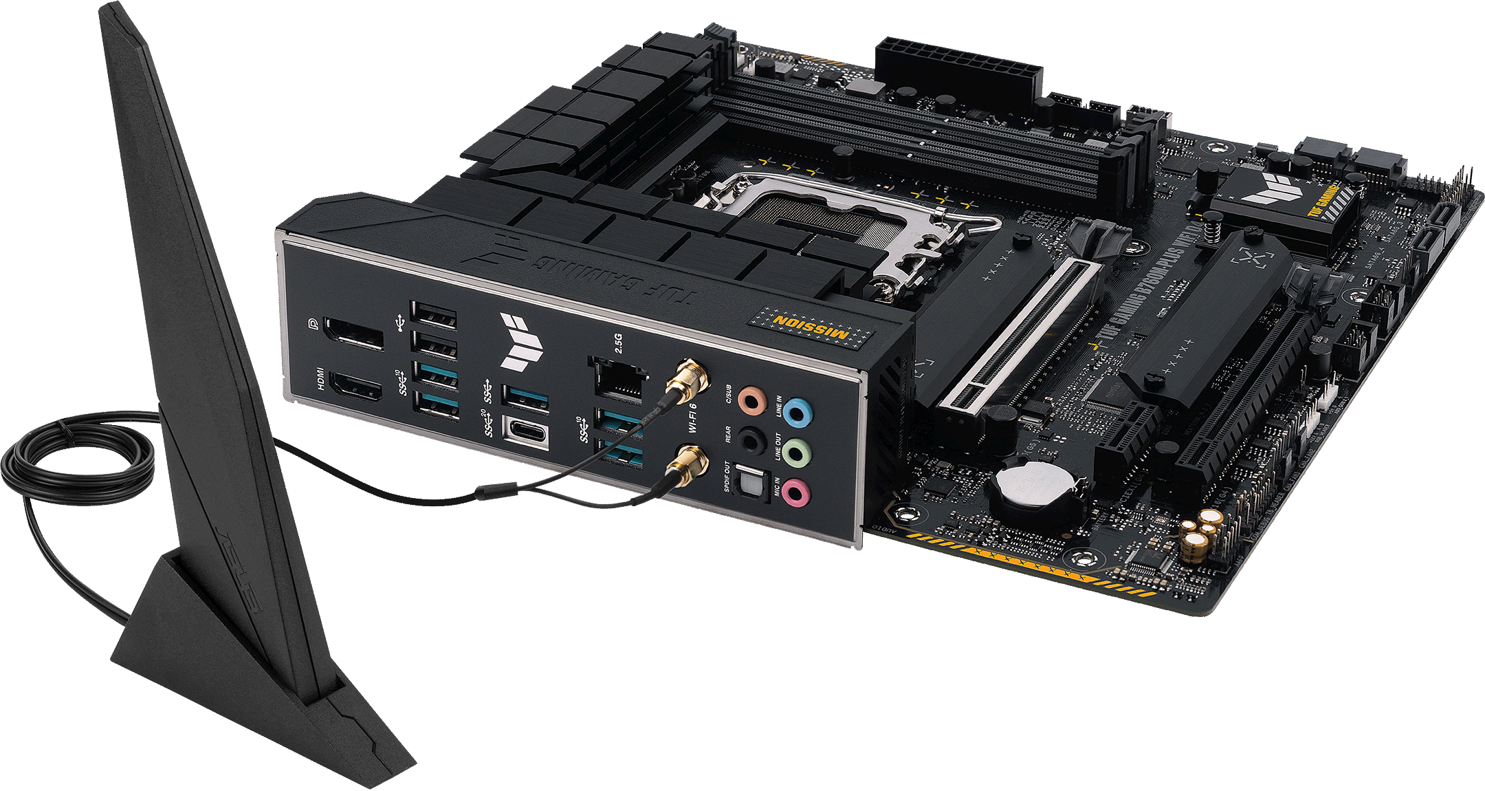 Ein Motherboard mit verschiedenen Anschlüssen und einer Antenne. Der Hintergrund ist schwarz.