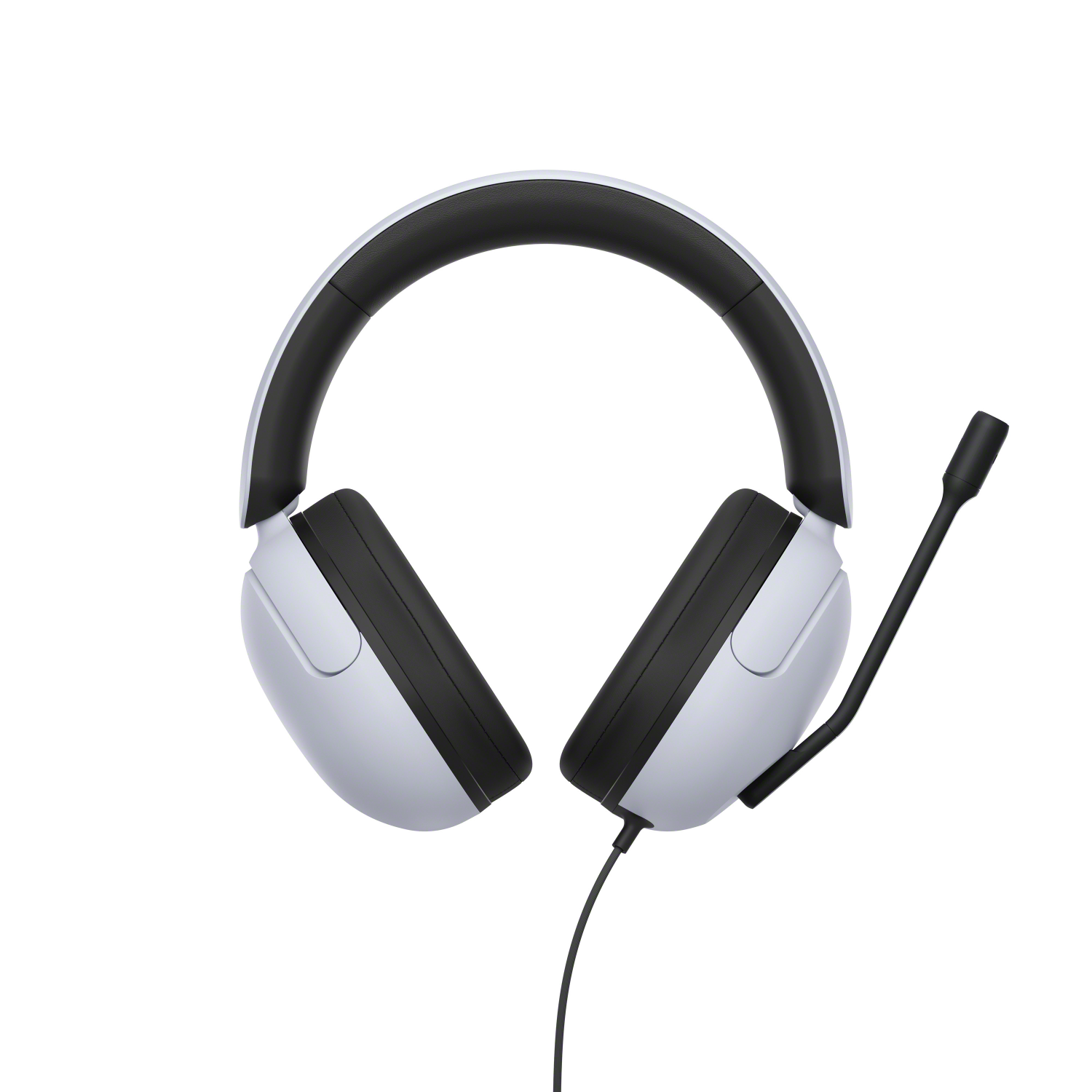 Witte headset met zwarte oorschelpen en hoofdband. Een microfoon steekt uit de linkeroorschelp. Groen snoer.