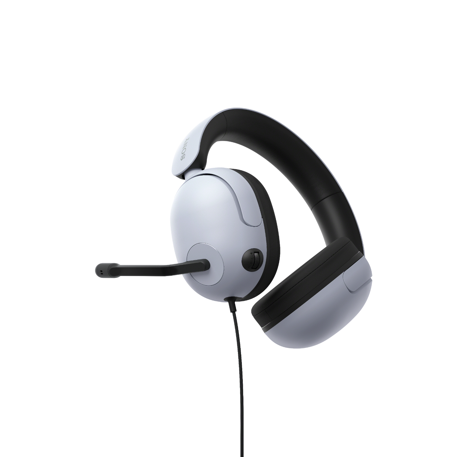 Witte en zwarte gamingheadset. Microfoon is zwart en wijst naar links.