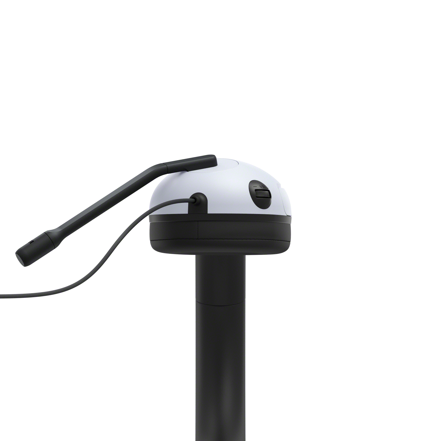 Een witte en zwarte microfoon op een standaard, met een zwarte kabel.