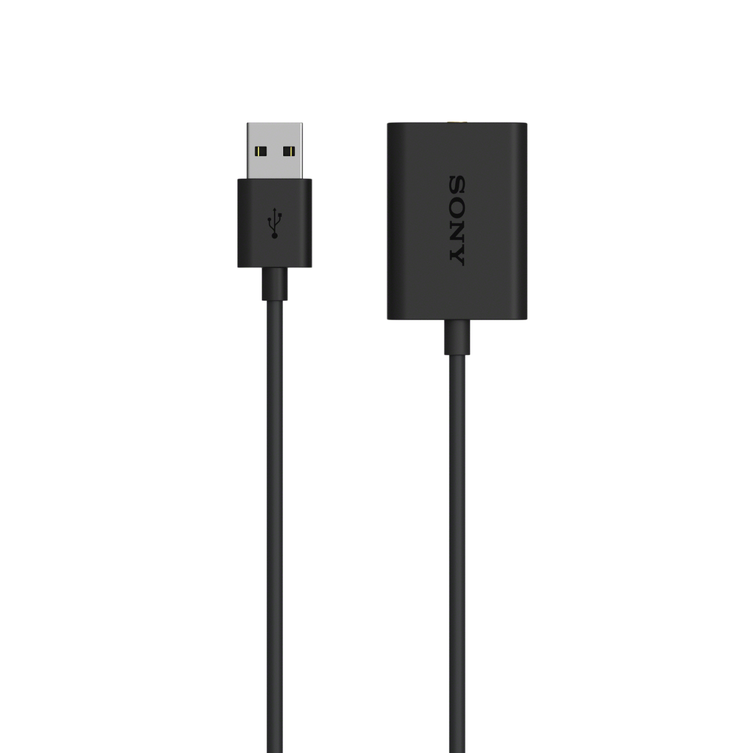 Zwarte Sony USB-kabel. USB-A naar een zwarte rechthoekige connector met Sony-logo.