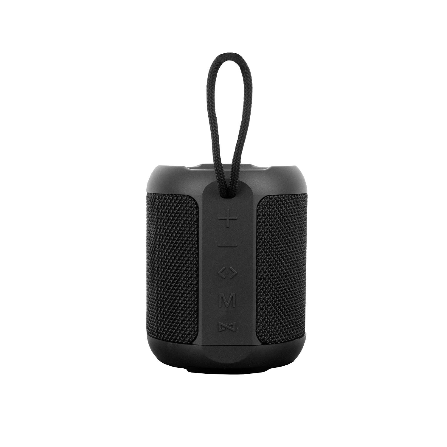 Altavoz portátil negro con correa negra, muestra la parte frontal con botones.