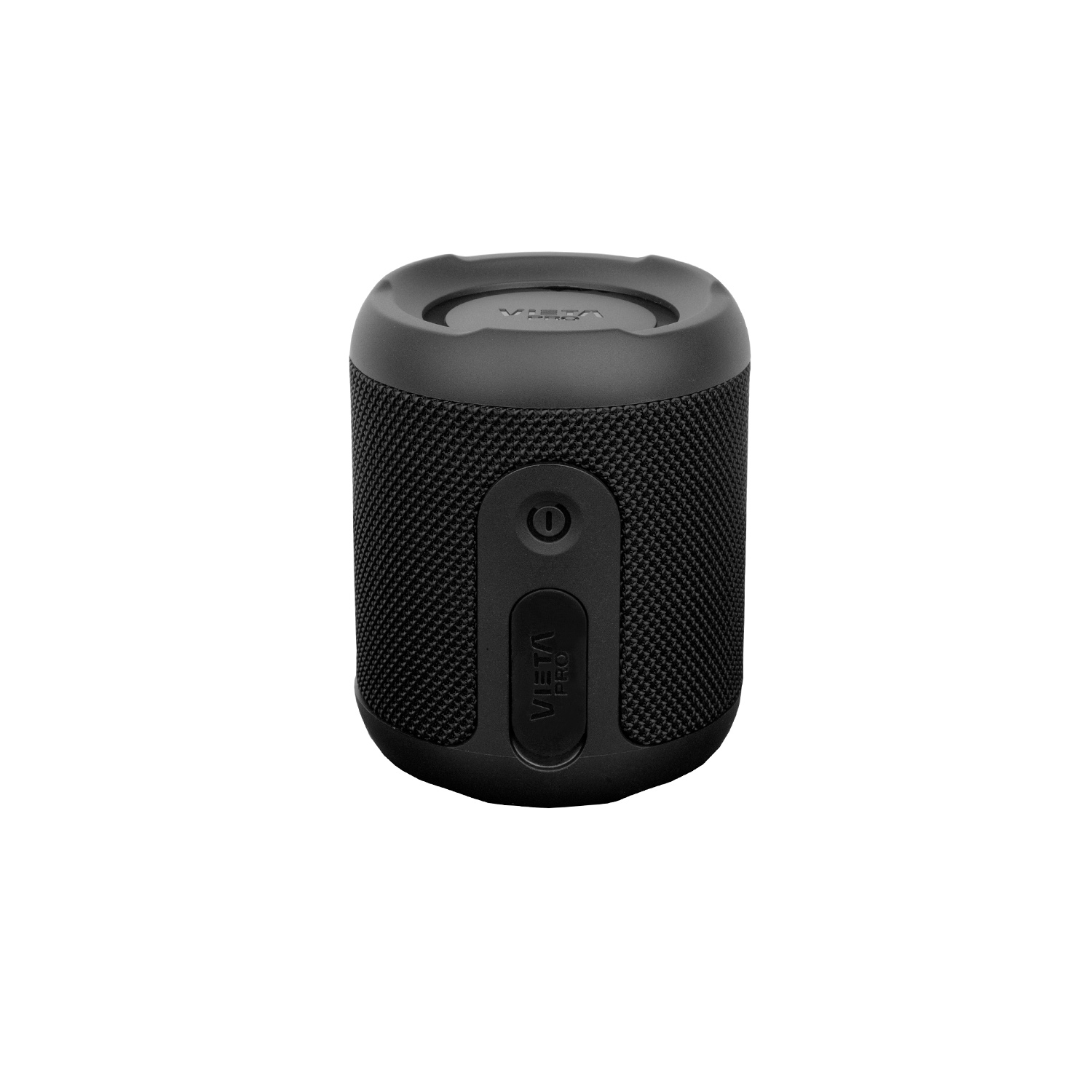 Un altavoz Viera Pro negro y cilíndrico. Está sobre una superficie blanca. Logotipo Viera Pro visible.