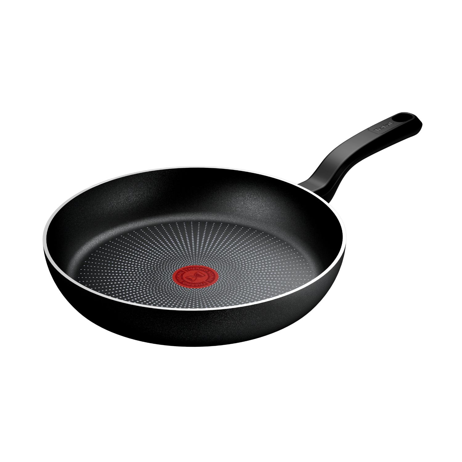 Zwarte Tefal koekenpan met rode center, op zwarte achtergrond.