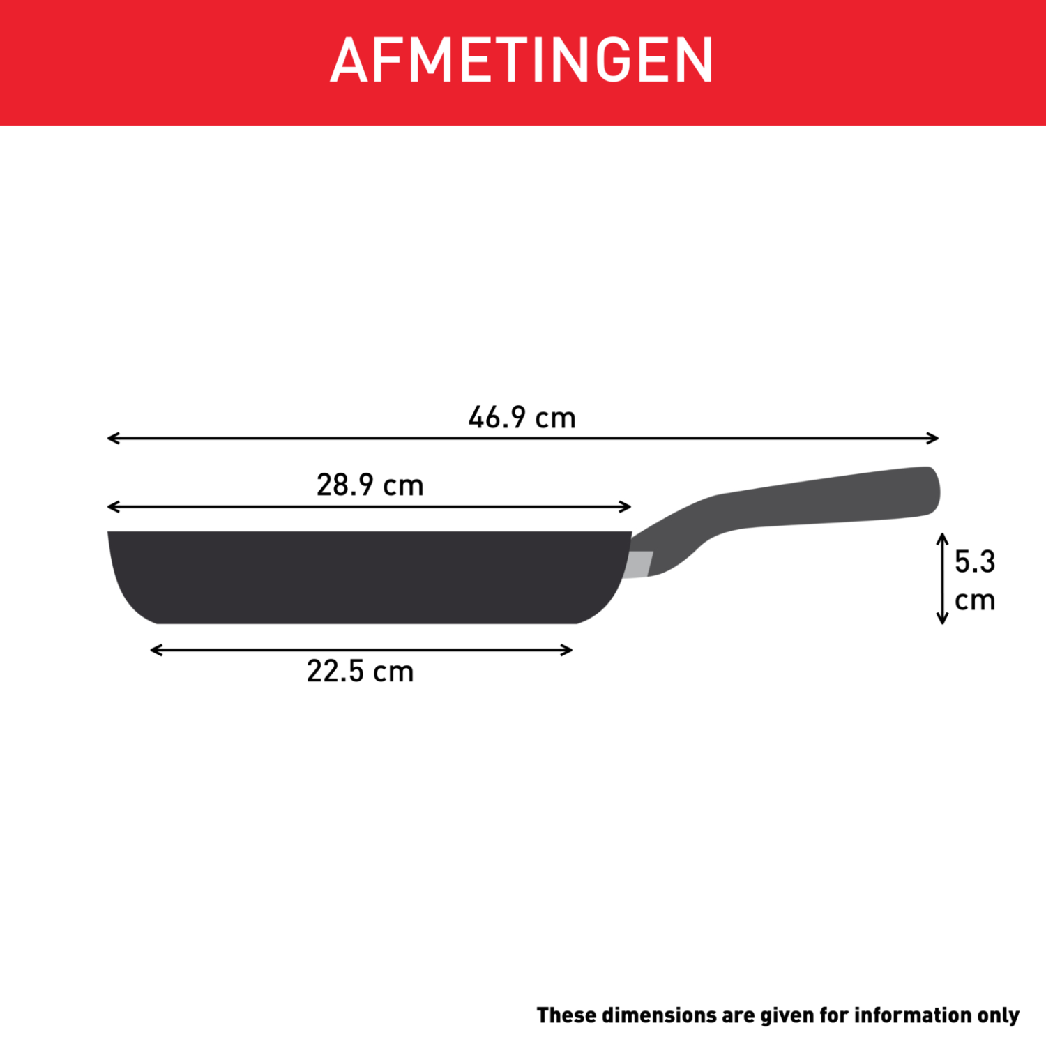 Zwarte koekenpan met handvat, afmetingen in centimeters getoond op witte achtergrond.