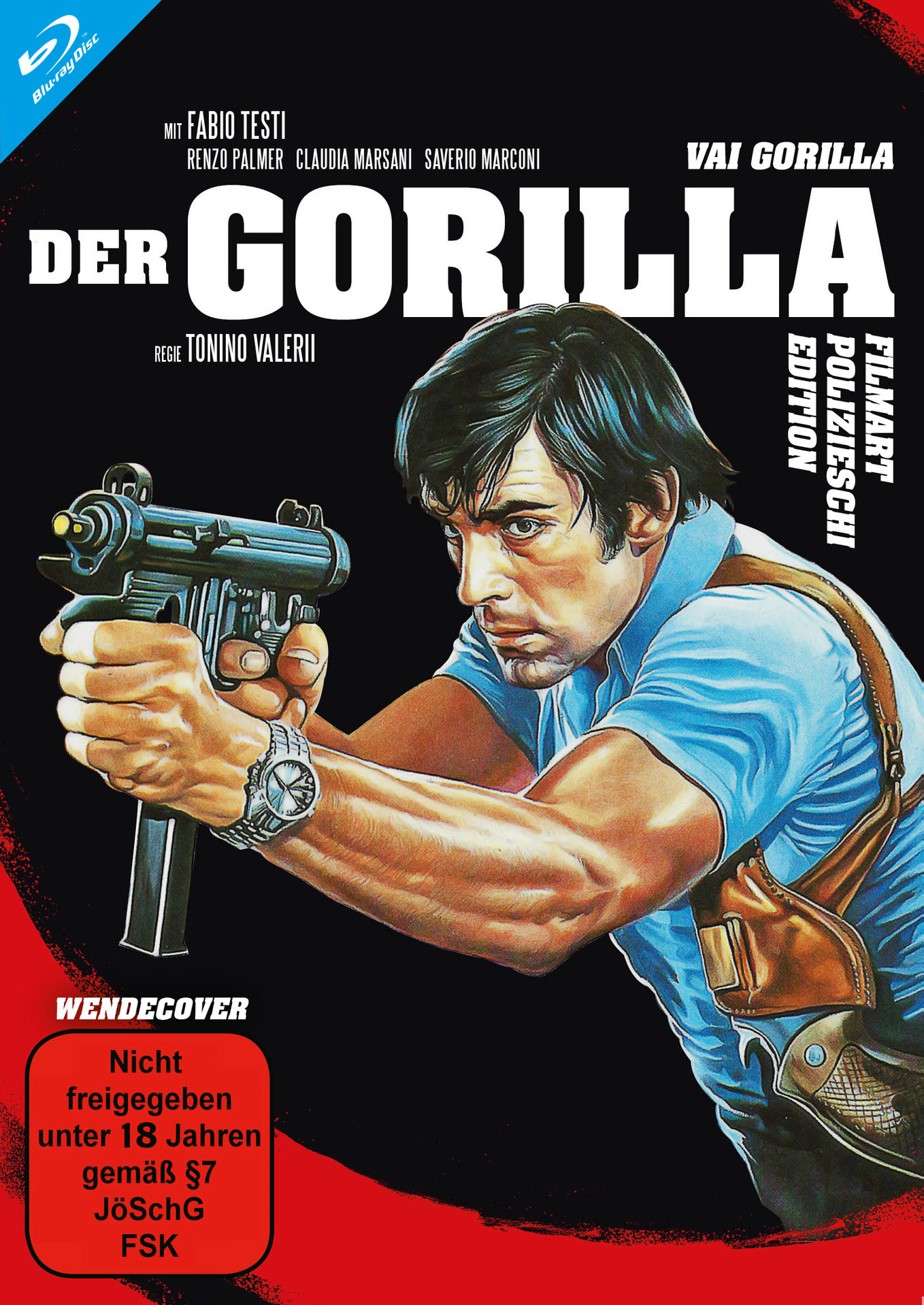 Filmposter für 'Der Gorilla'. Ein Mann hält eine Pistole. Blu-ray-Disc in der Ecke.