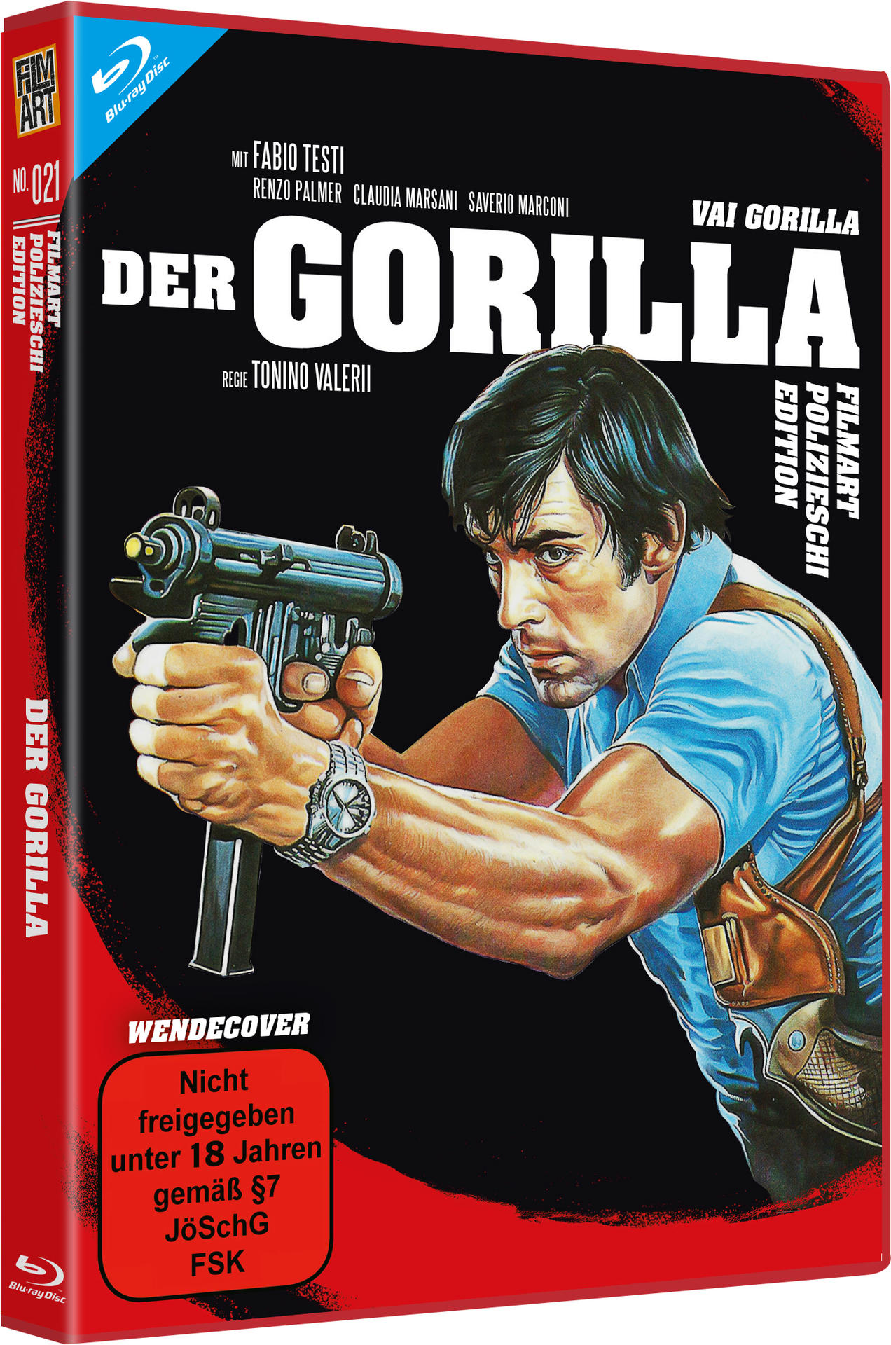 Ein Filmcover. Ein Mann hält eine Waffe und schaut ernst. Der Titel lautet 'Der Gorilla' auf Deutsch.