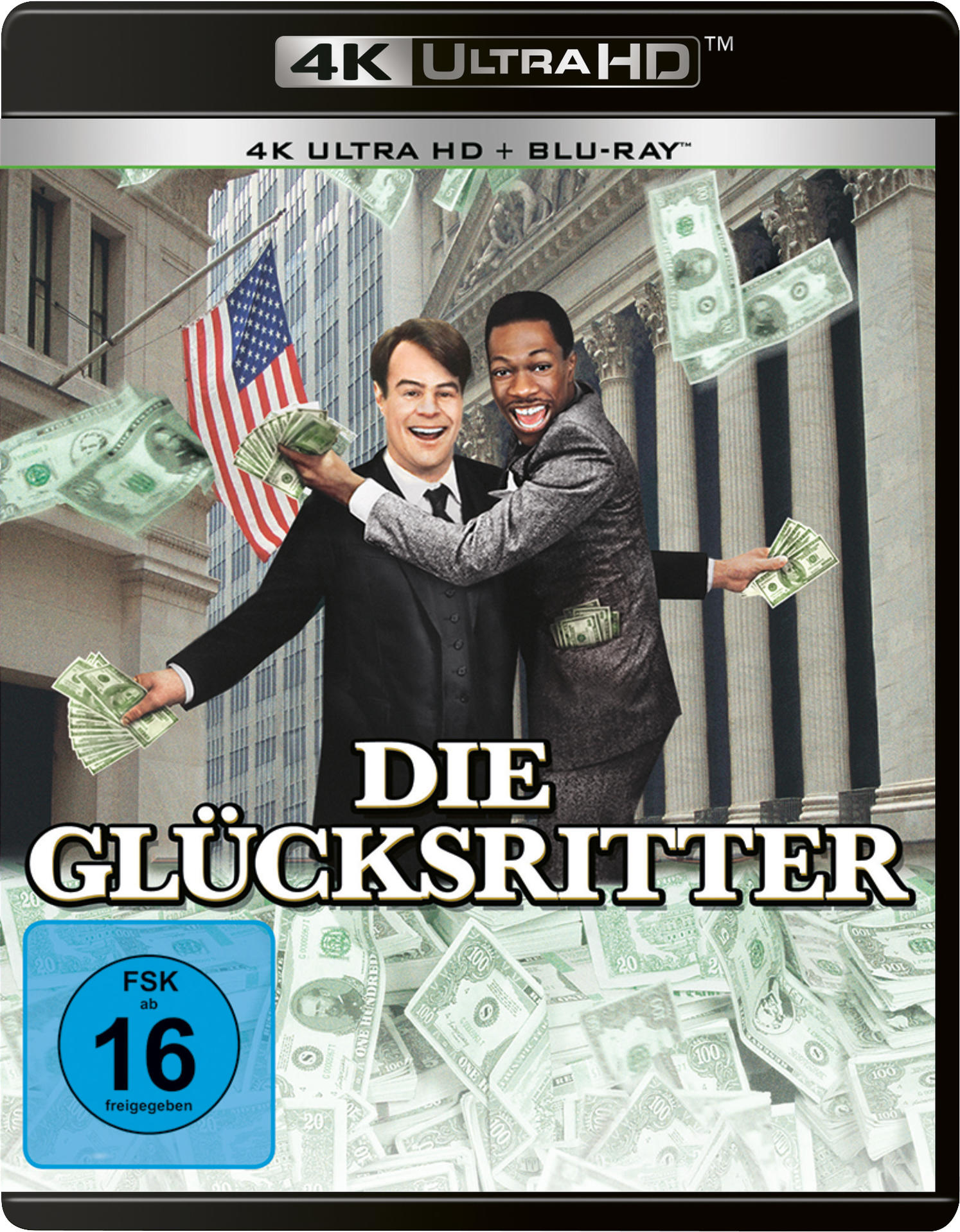 Zwei Männer halten Geld, Filmcover: Die Glücksritter, mit fallendem Geld und US-Flagge.