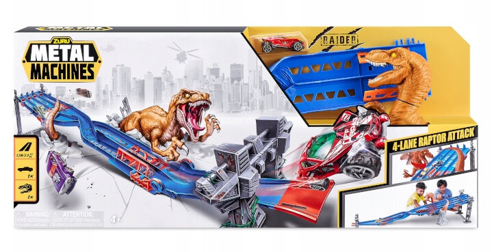 Zestaw zabawek Zuru Metal Machines w pudełku, z torem samochodowym z motywem dinozaurów i zabawkami samochodowymi.
