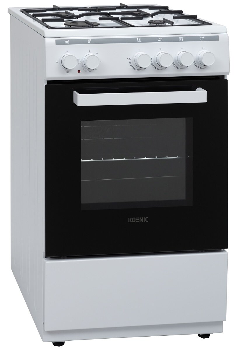Biała wolnostojąca kuchenka z czarnymi szklanymi drzwiami. Cztery palniki, pokrętła i szuflada.