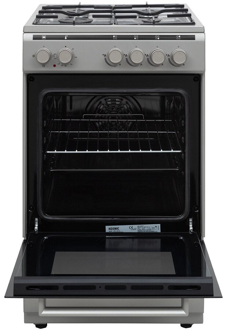 Srebrny piekarnik KOSNIC z otwartymi drzwiami. Wnętrze jest widoczne z rusztami.