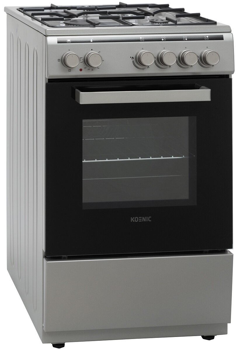 Czarny i nierdzewny piekarnik gazowy z czterema palnikami i pokrętłami sterowania.