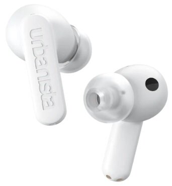 Białe słuchawki douszne z marką 'urbanista'. Dwa słuchawki douszne są pokazane z bliska.