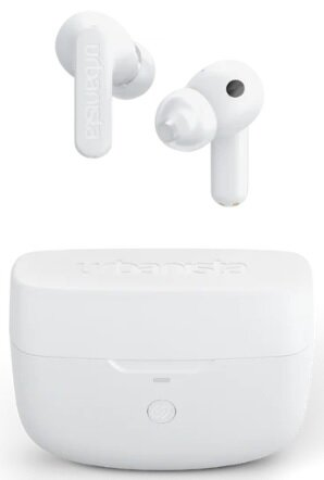 Białe słuchawki douszne i etui ładujące z marką 'urbanista'.