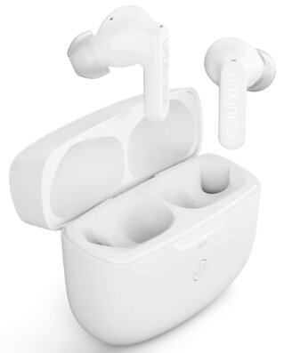 Białe słuchawki i etui ładujące, otwarte.