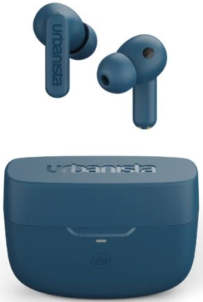 Niebieskie słuchawki i etui ładujące. Nazwa marki 'Urbanista' jest wydrukowana na etui.