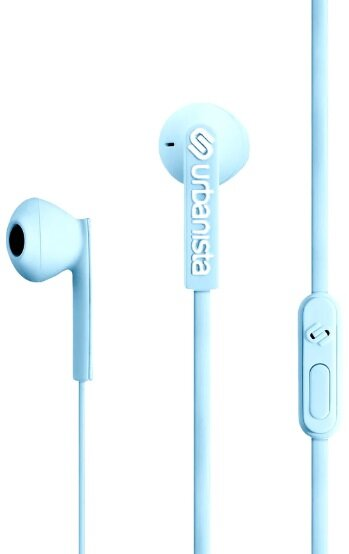 Błękitne słuchawki Urbanista z kablem i przyciskiem sterowania.