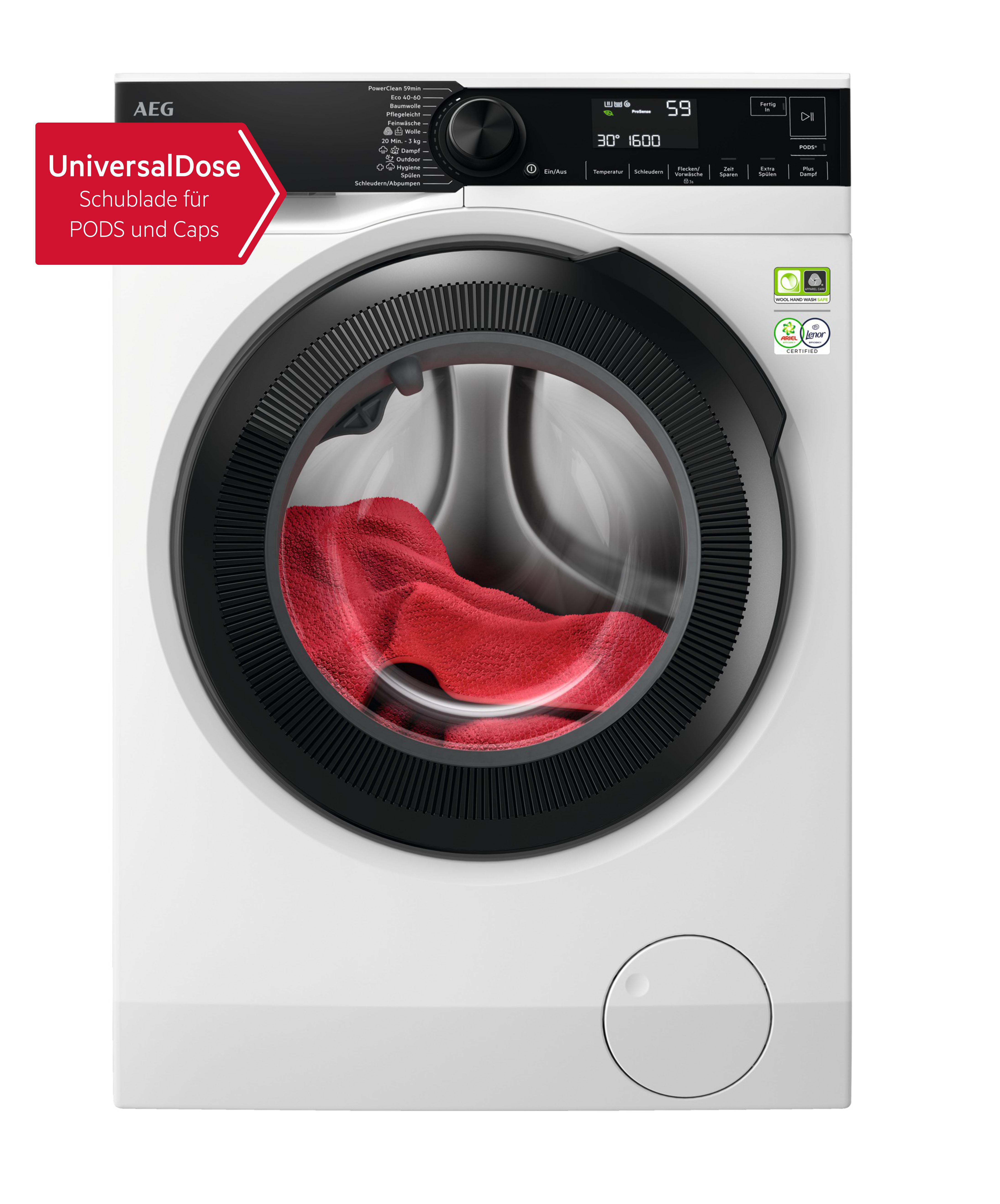 Weiße Waschmaschine mit einem roten Tuch im Inneren. Mit AEG-Branding und Bedienfeld.
