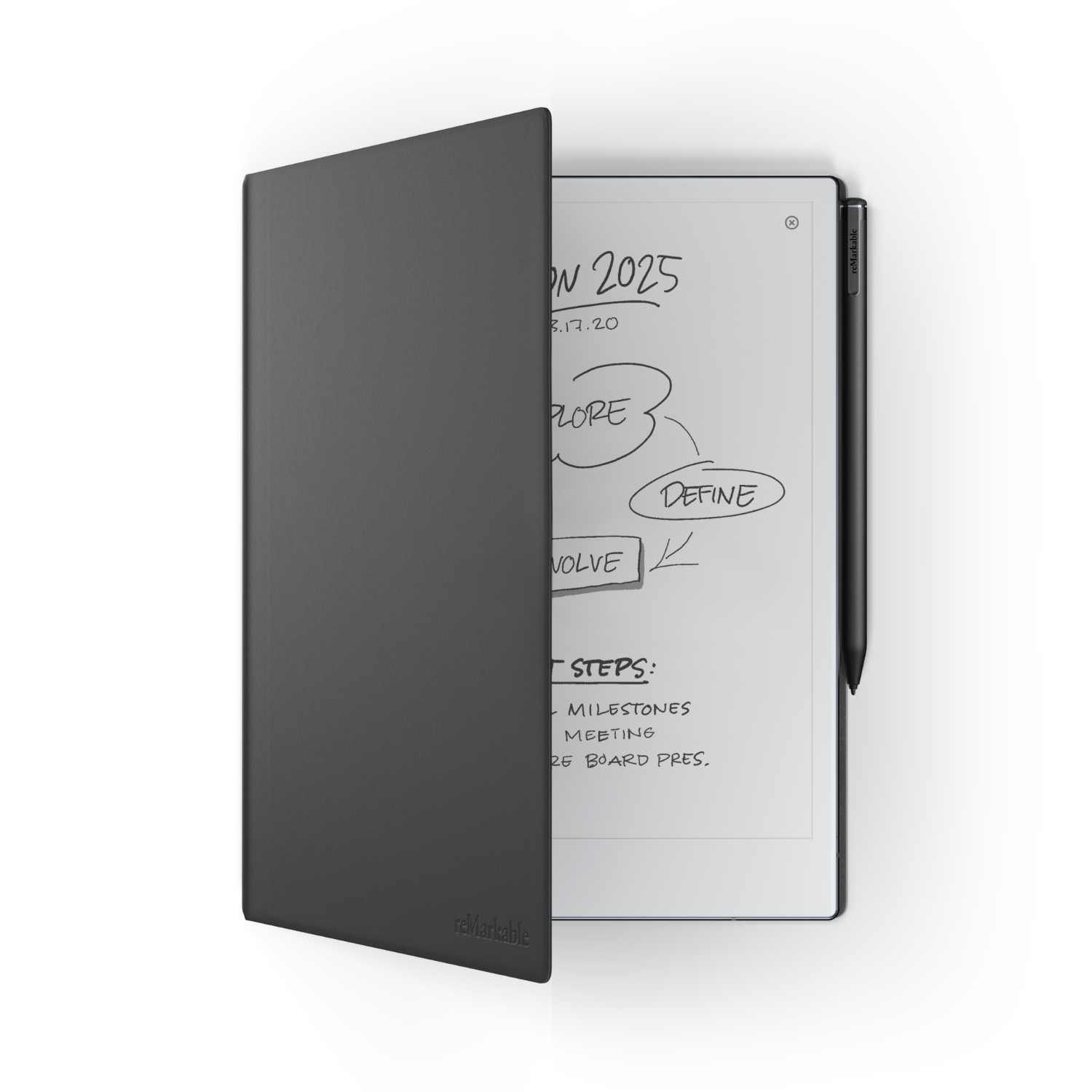 Een tablet met een hoes. Er staat een tekening op het scherm en een pen ernaast.
