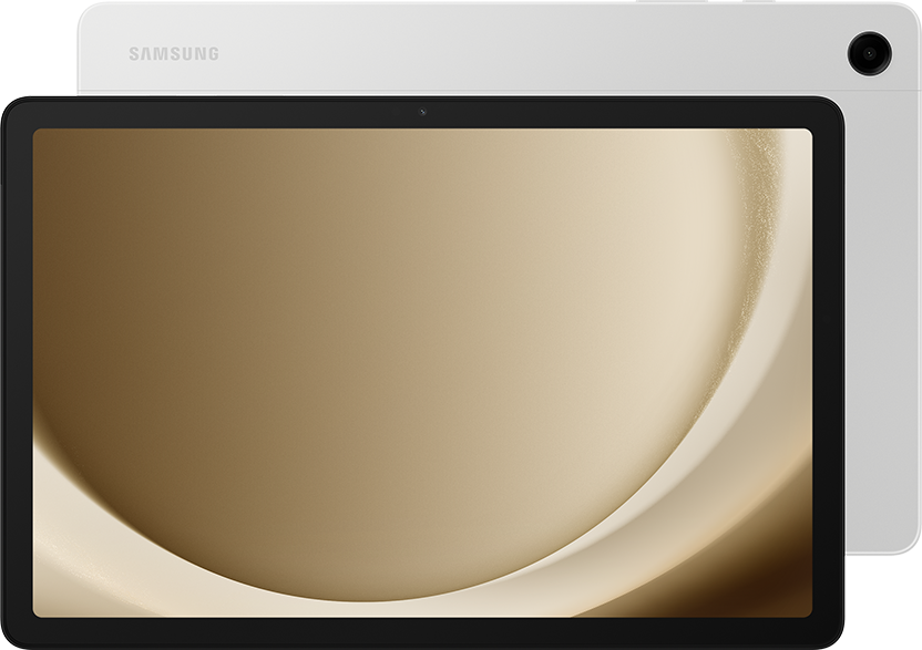 Weißes und goldenes Samsung Tablet, Vorder- und Rückansicht auf weißem Hintergrund.