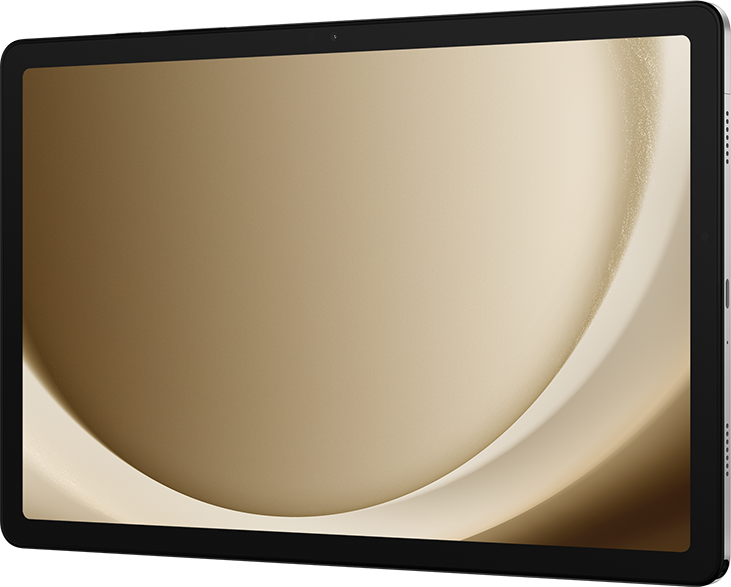 Tablet mit goldfarbenem Bildschirm. Schwarzer Rahmen. Kamera oben. Hintergrund hat einen ähnlichen Farbverlauf.