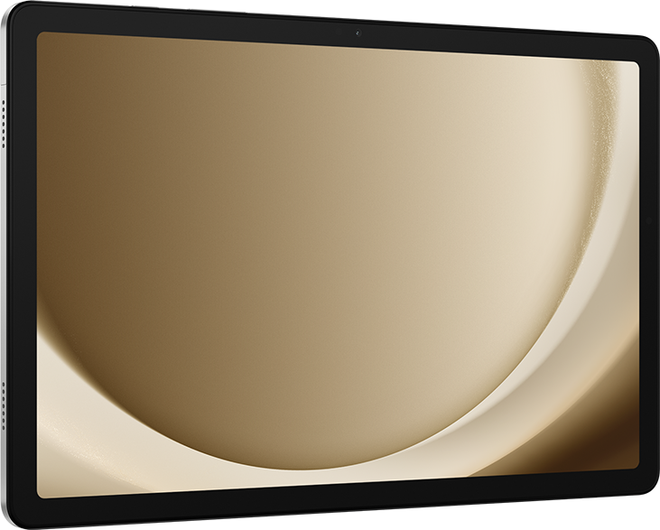 Tablet mit goldenem, fließendem Hintergrund und schwarzem Rahmen. Schwarzer Hintergrund.