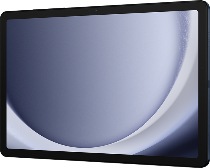 Ein blaues Tablet mit hellem Bildschirm, das ein hellblaues und weißes abstraktes Bild zeigt.
