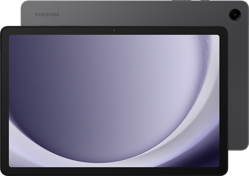 Sötétszürke Samsung tablet, elölnézet lila kijelzővel, fekete kerettel. A hátsó kamera látható.