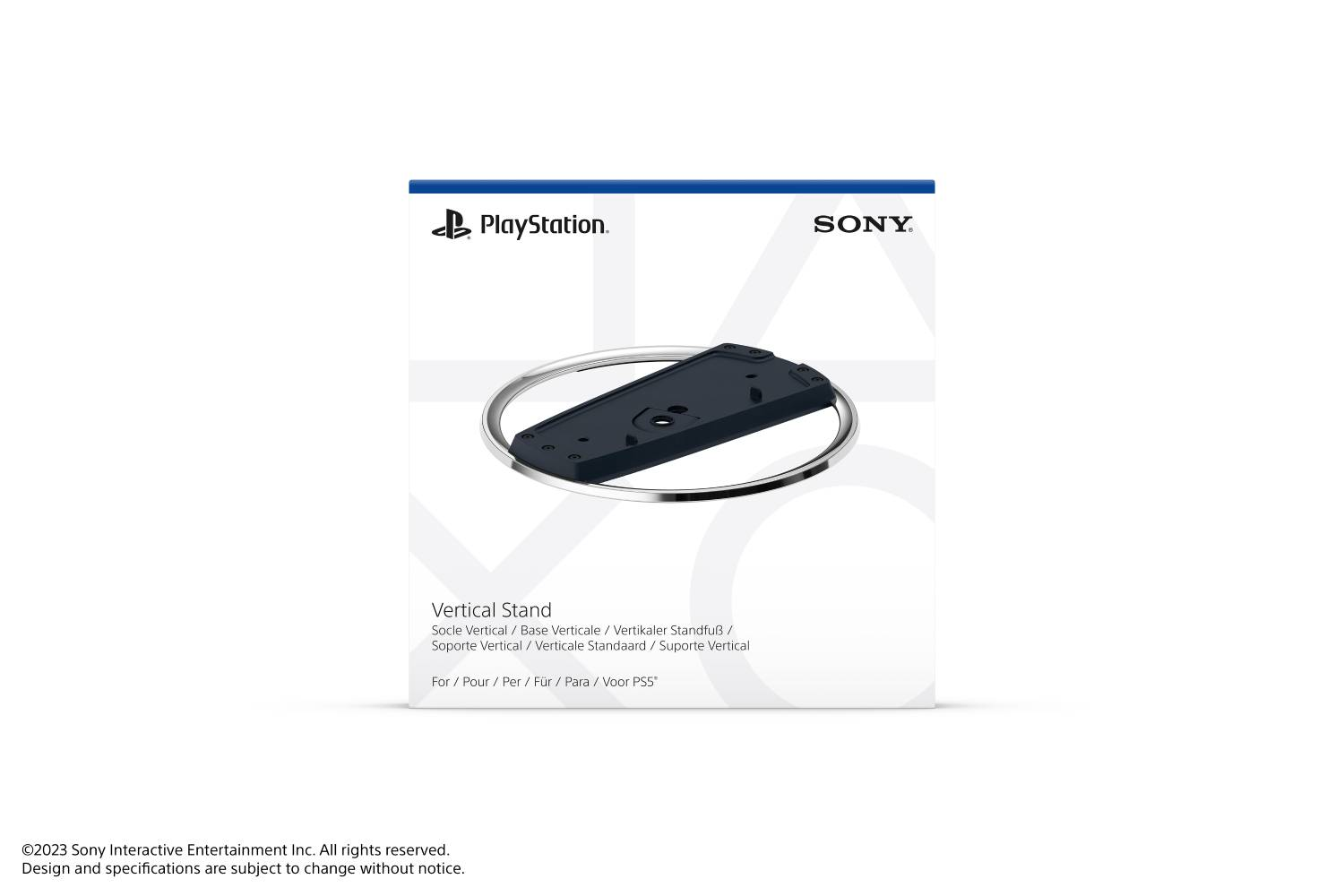 Caja de soporte vertical PlayStation contra blanco. La caja dice 'Soporte Vertical' con logos Sony y PlayStation.