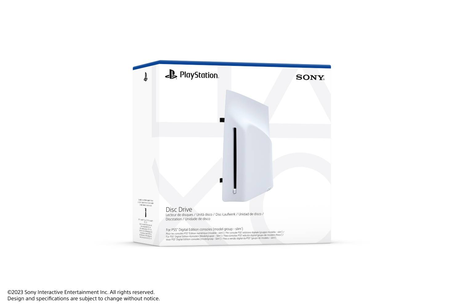 Caja blanca de unidad de disco PlayStation. Dispositivo blanco representado en la caja. Combinación de colores azul y blanco.