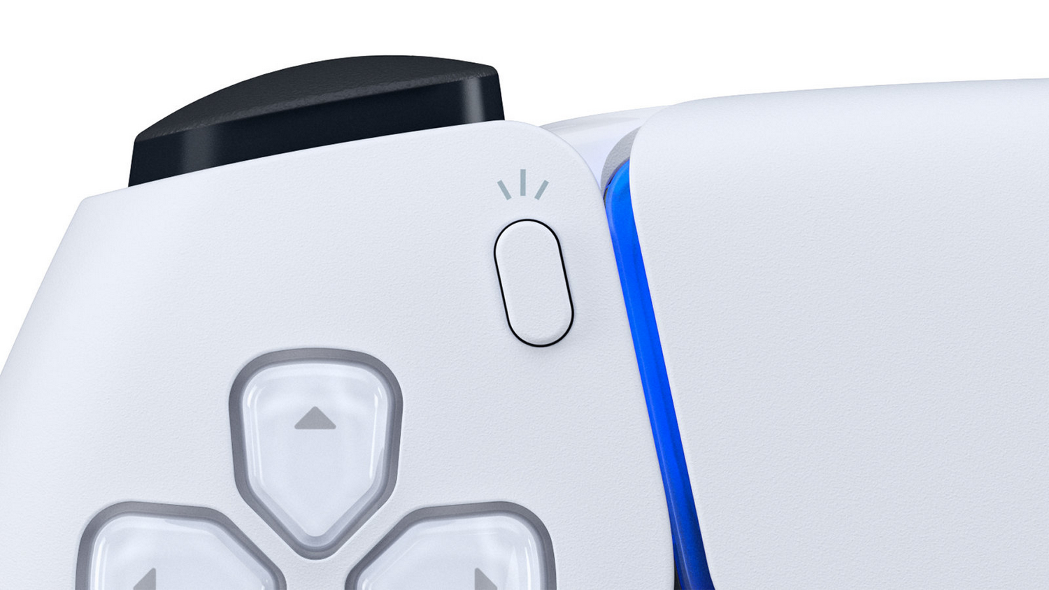 Primer plano de un mando blanco de PlayStation 5 con la luz y el botón.
