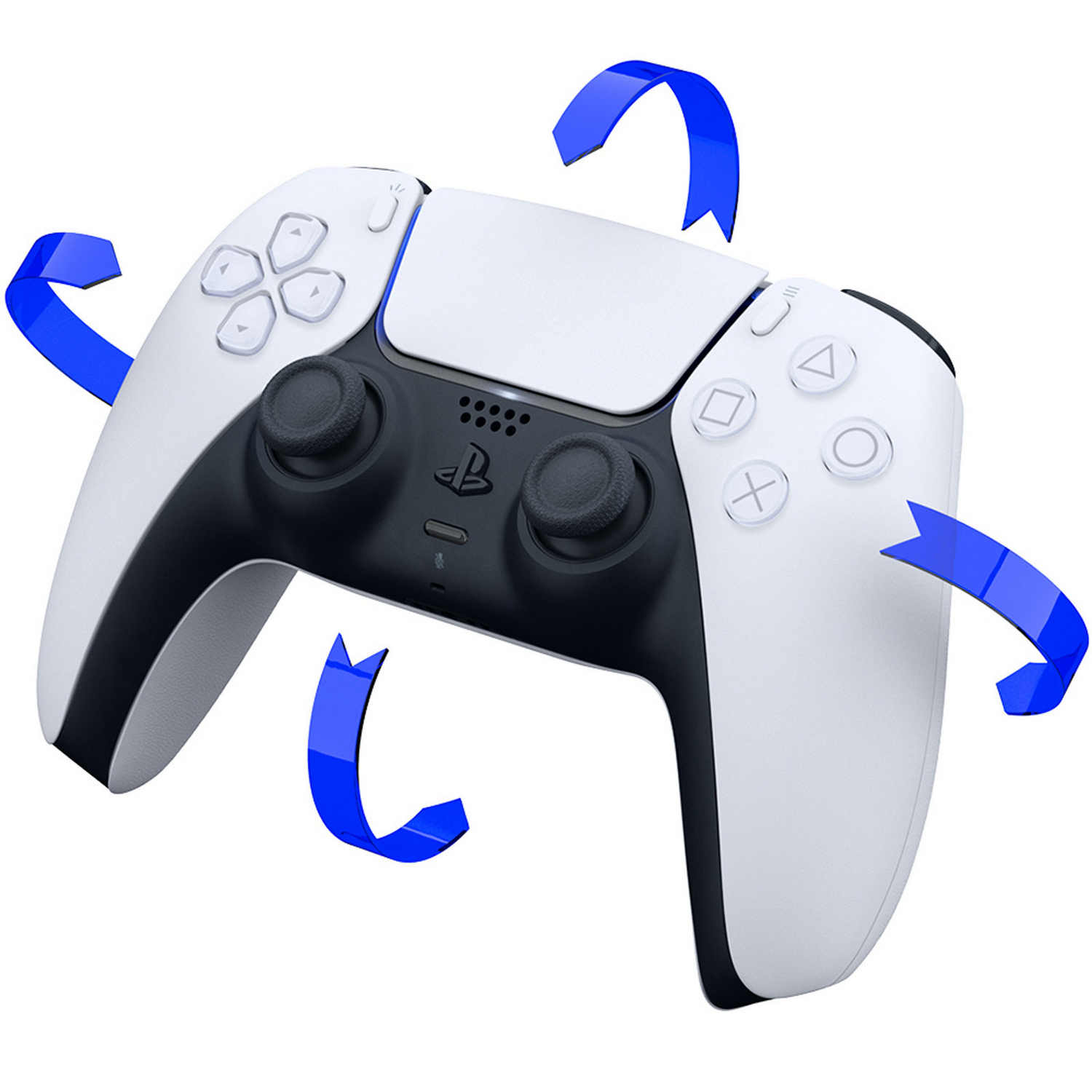 Mando de Playstation blanco y negro con flechas azules girando alrededor.