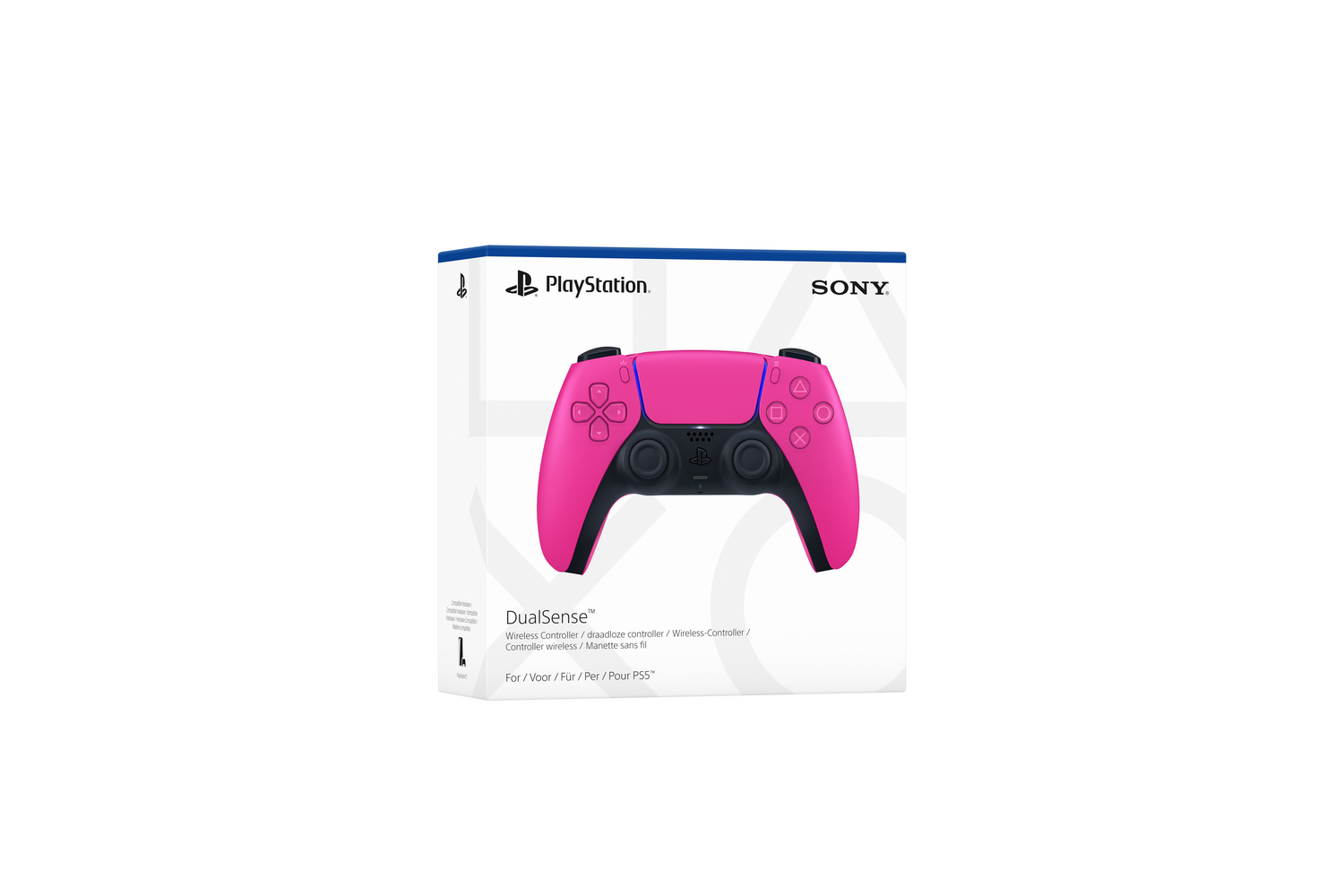 Mando DualSense PS5 rosa en una caja, sobre fondo blanco.