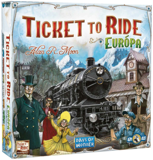 A Ticket to Ride Europa társasjáték doboza. Egy vonat, emberek és hegyek láthatók.