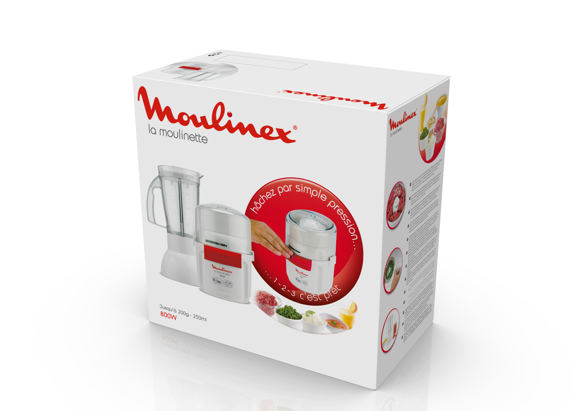 Una caja de Moulinex La Moulinette, que muestra un procesador de alimentos con ilustraciones.