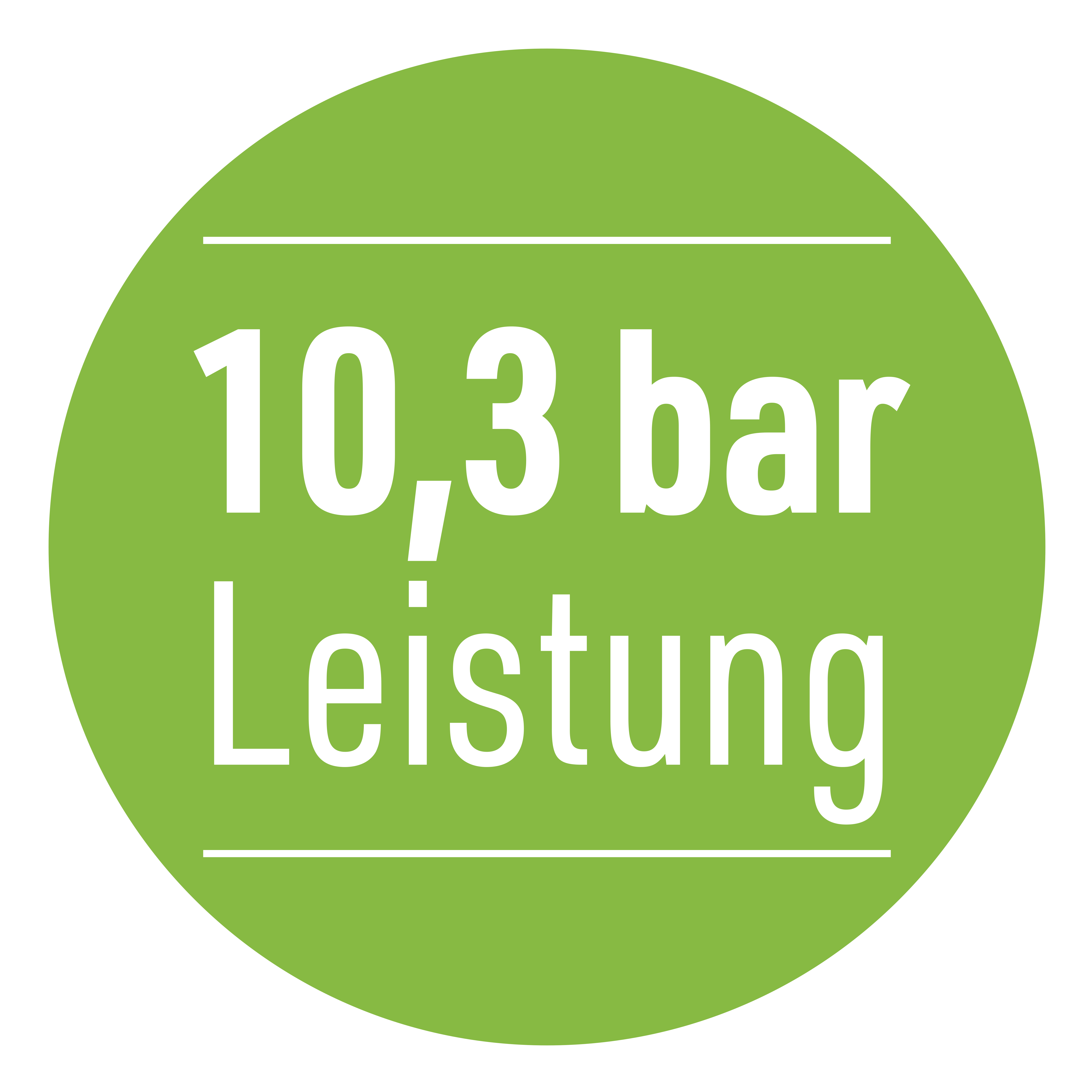 Grüner Kreis mit Text: 10,3 bar Leistung.