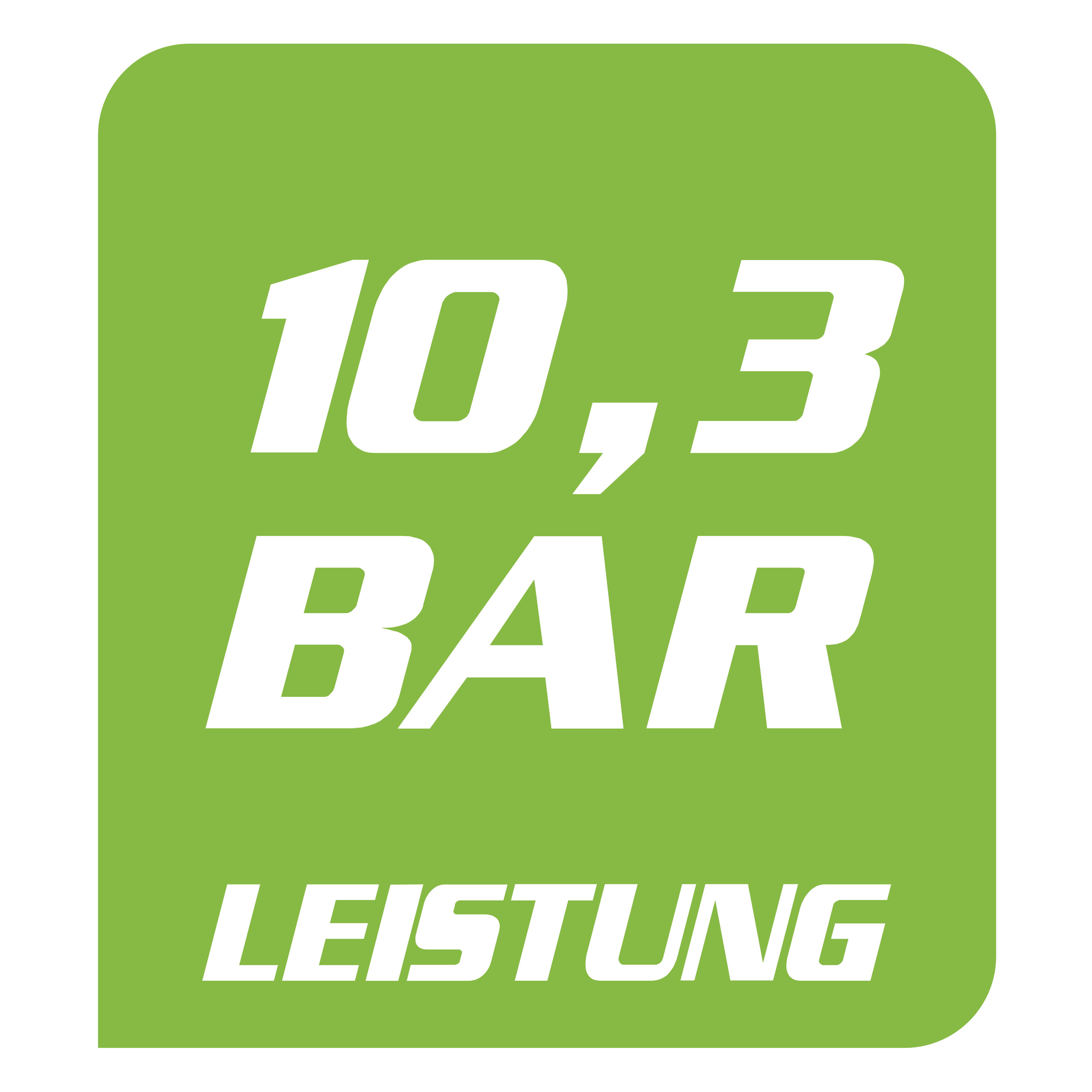 Ein grünes Quadrat mit weißem Text, der '10,3 BAR LEISTUNG' lautet.
