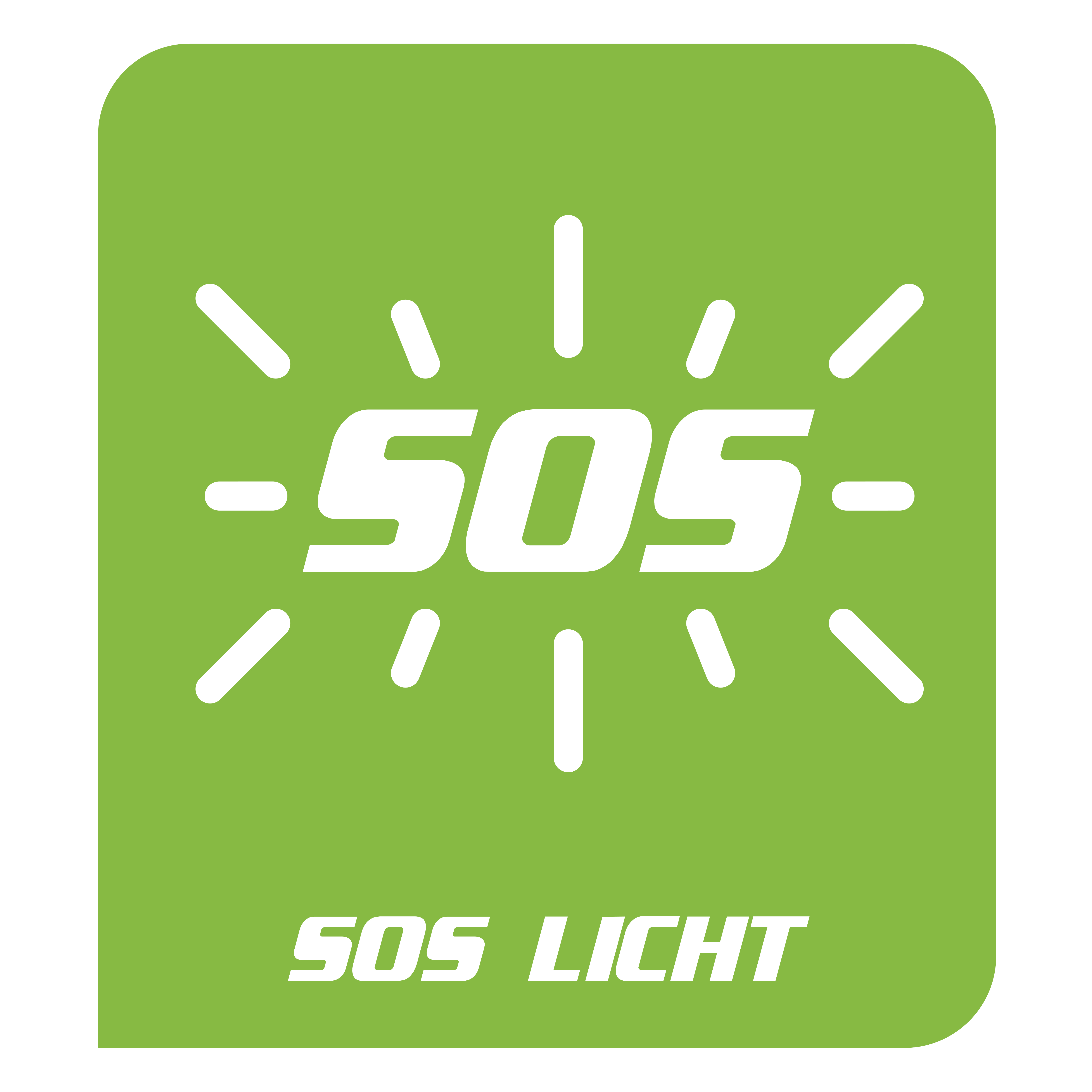 Grünes Quadrat mit weißem SOS und Strahlen. SOS LICHT unten.