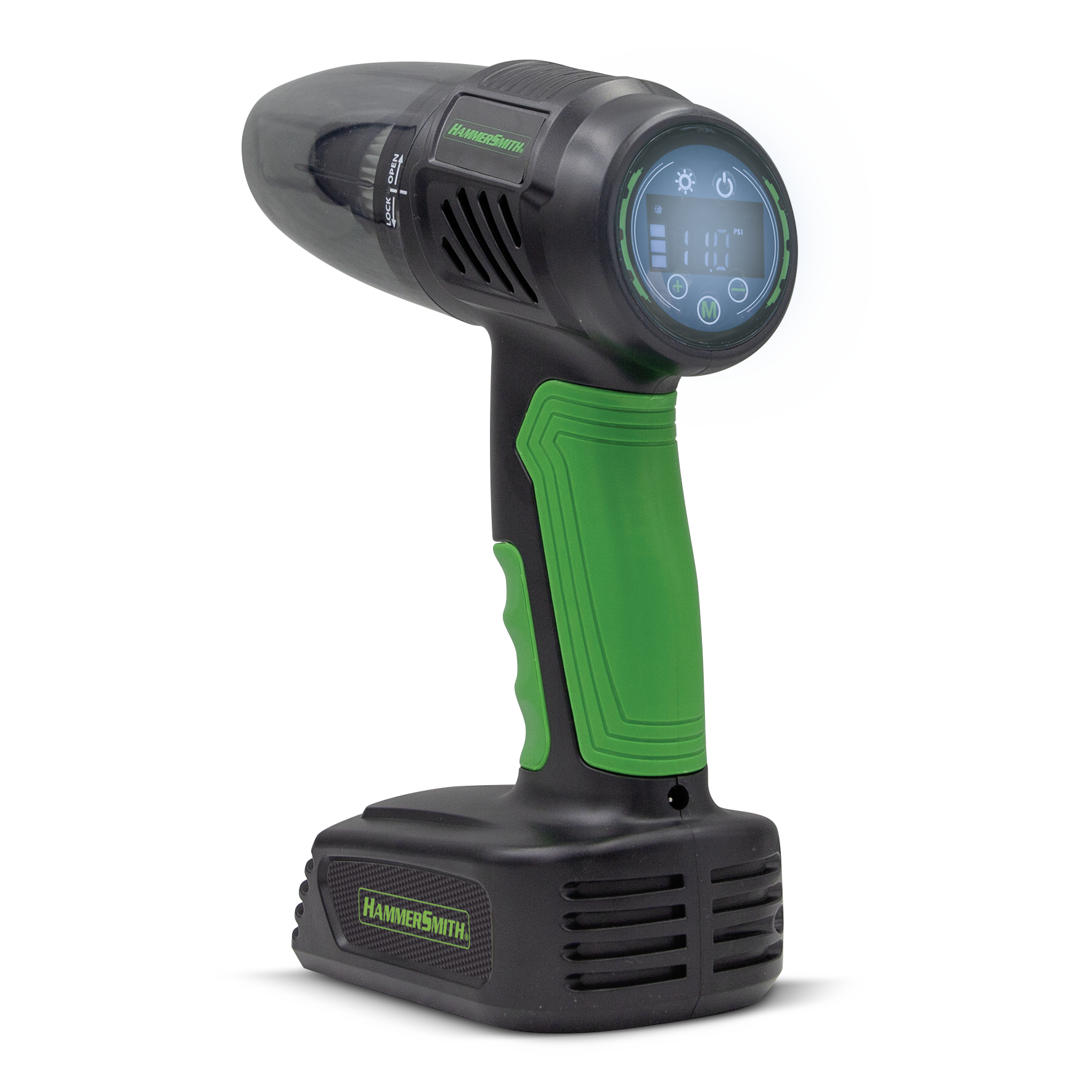 Schwarzer und grüner HammerSmith-Reifenfüller. Digitalanzeige zeigt 110 PSI. Weißer Hintergrund.