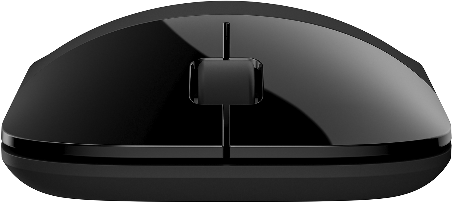 Une souris noire avec un défilement central et deux boutons. La souris est sur une surface.