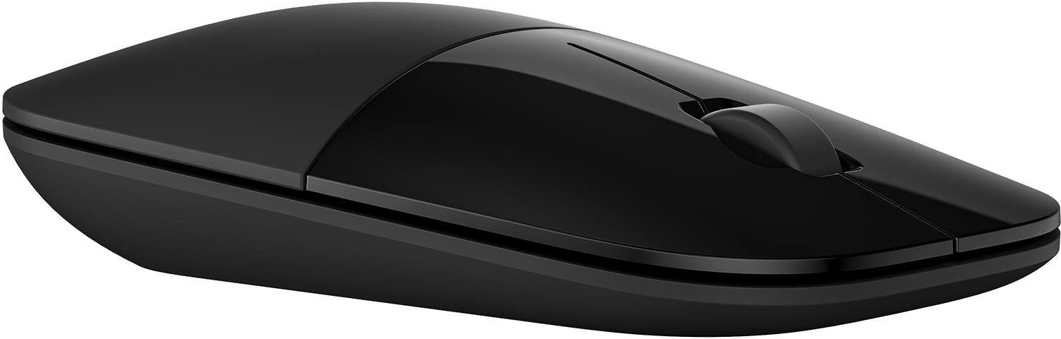 Une souris sans fil HP noire. Elle possède une molette et un design élégant.