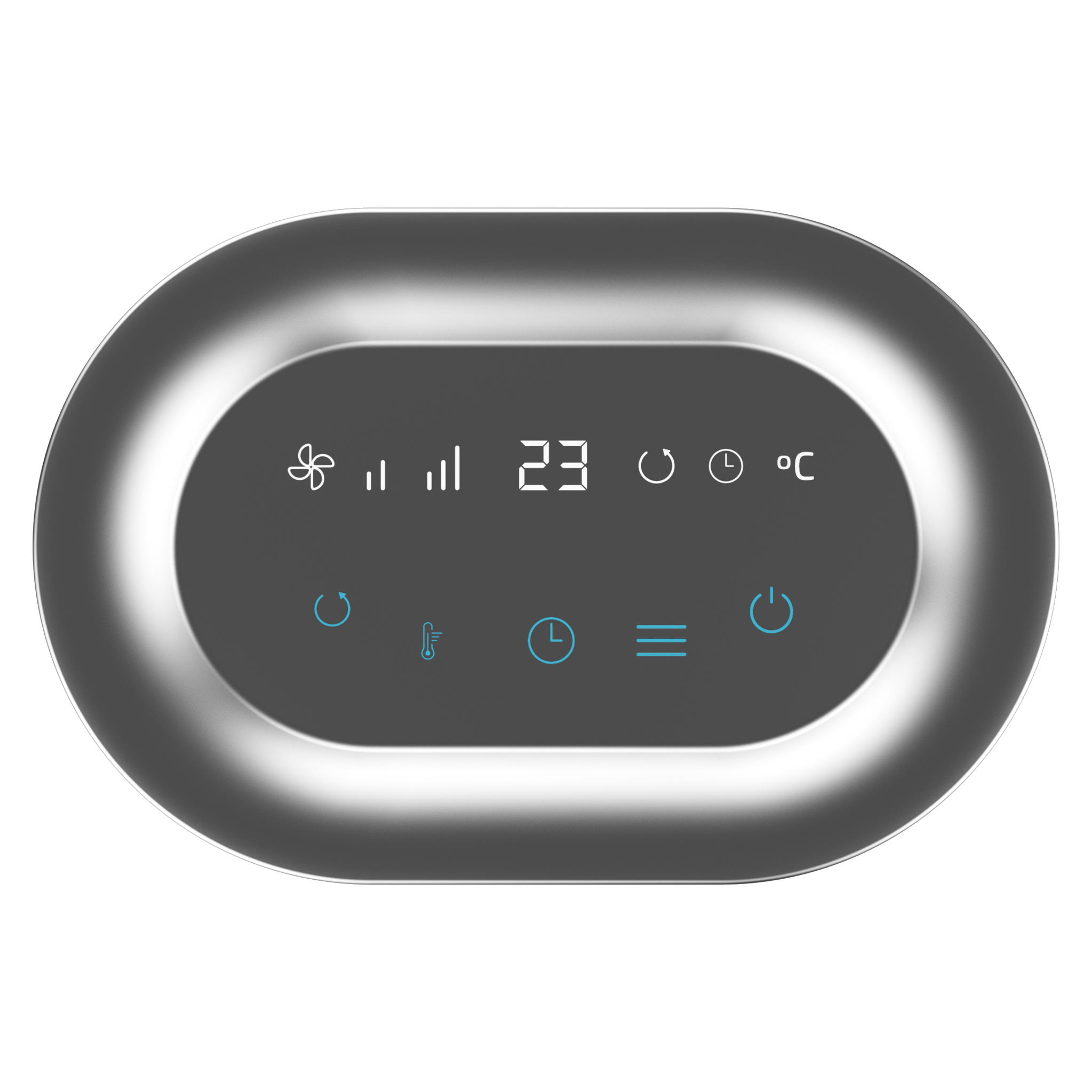 Panel de control ovalado gris oscuro con iconos, incluyendo ventilador, temperatura y energía.