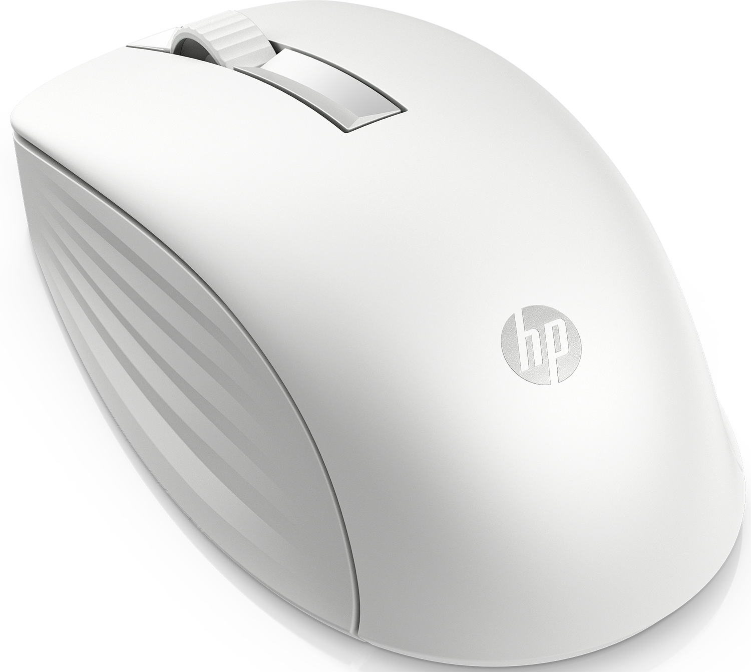 White HP wireless mouse with a scroll wheel. It is on a black surface, with a reflective shadow.
