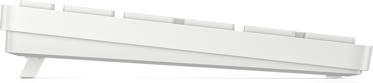 White keyboard with angled view. The keys are visible. Black background.
