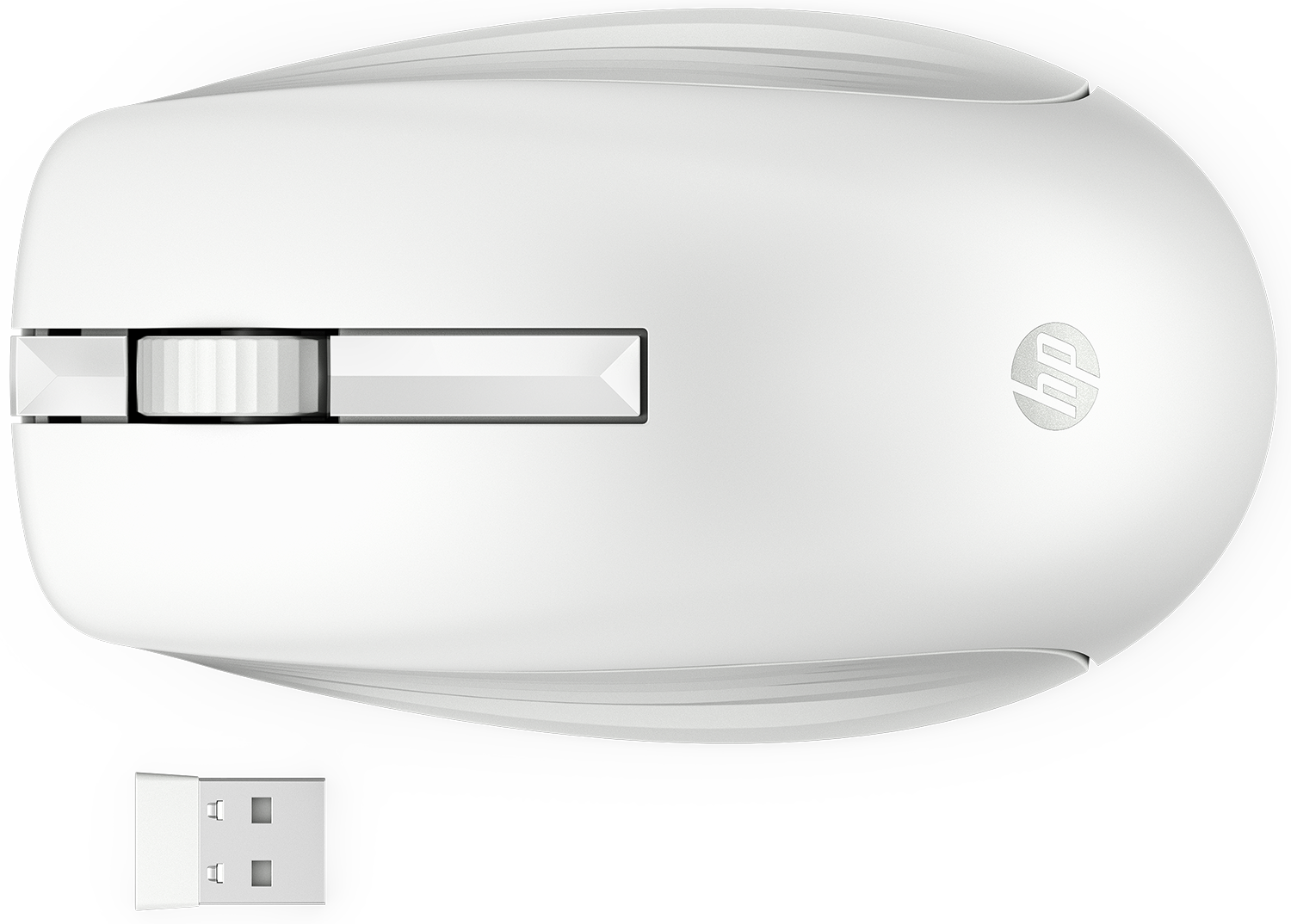 White wireless mouse with scroll wheel and HP logo. USB receiver below.