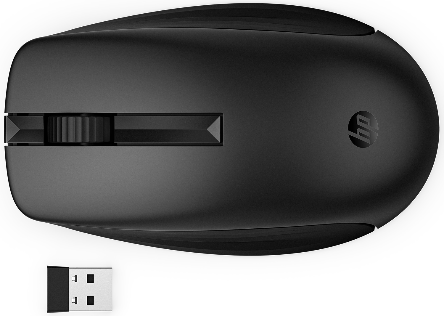 Top-down view of a black HP wireless mouse and a small USB receiver.