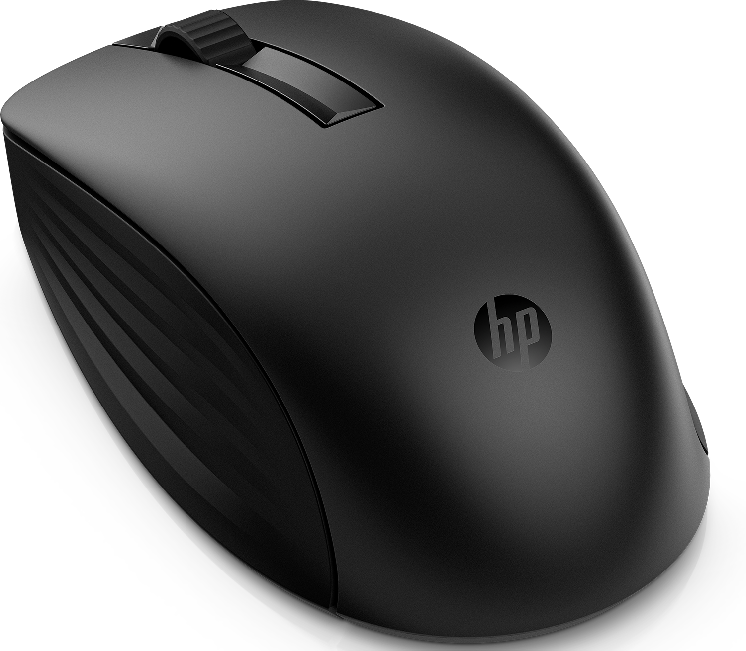 Black HP mouse with a scroll wheel and HP logo.