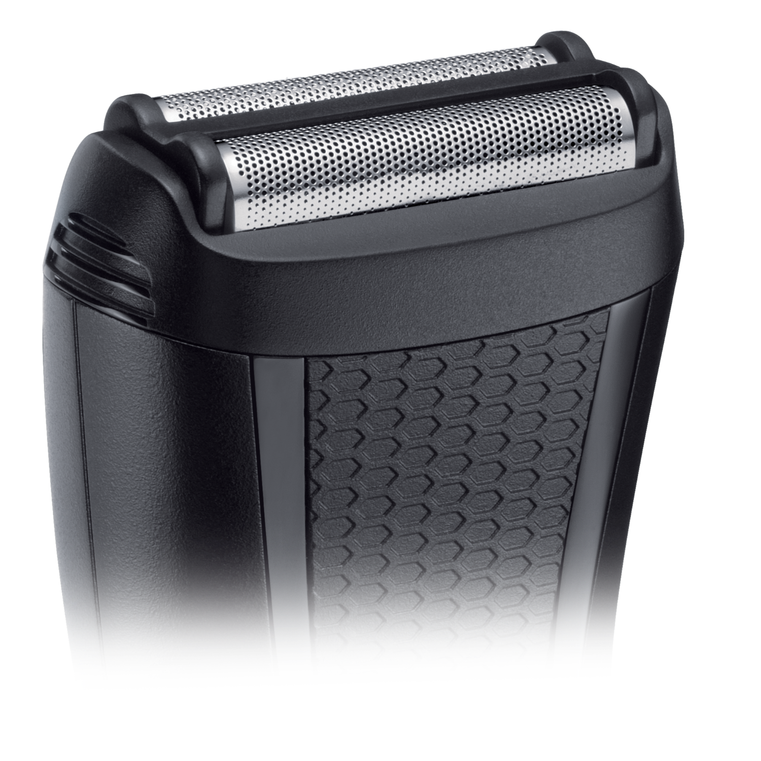 Close-up of a black shaver head with a textured grip and two silver shaving foils.
